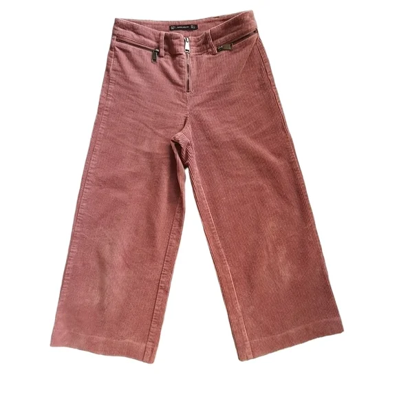 ZARA High Waist Corduroy Culotte Pant Womens S Pink Wide Leg Cropped - Picture 1 of 11